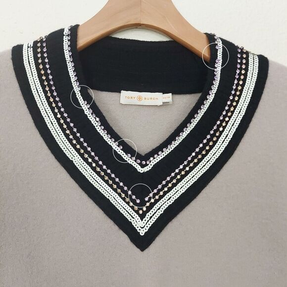 Tory Burch Sweater Womens XS Beige Merino Wool Rhinestones Sequin V-Neck Grandma - Picture 2 of 13